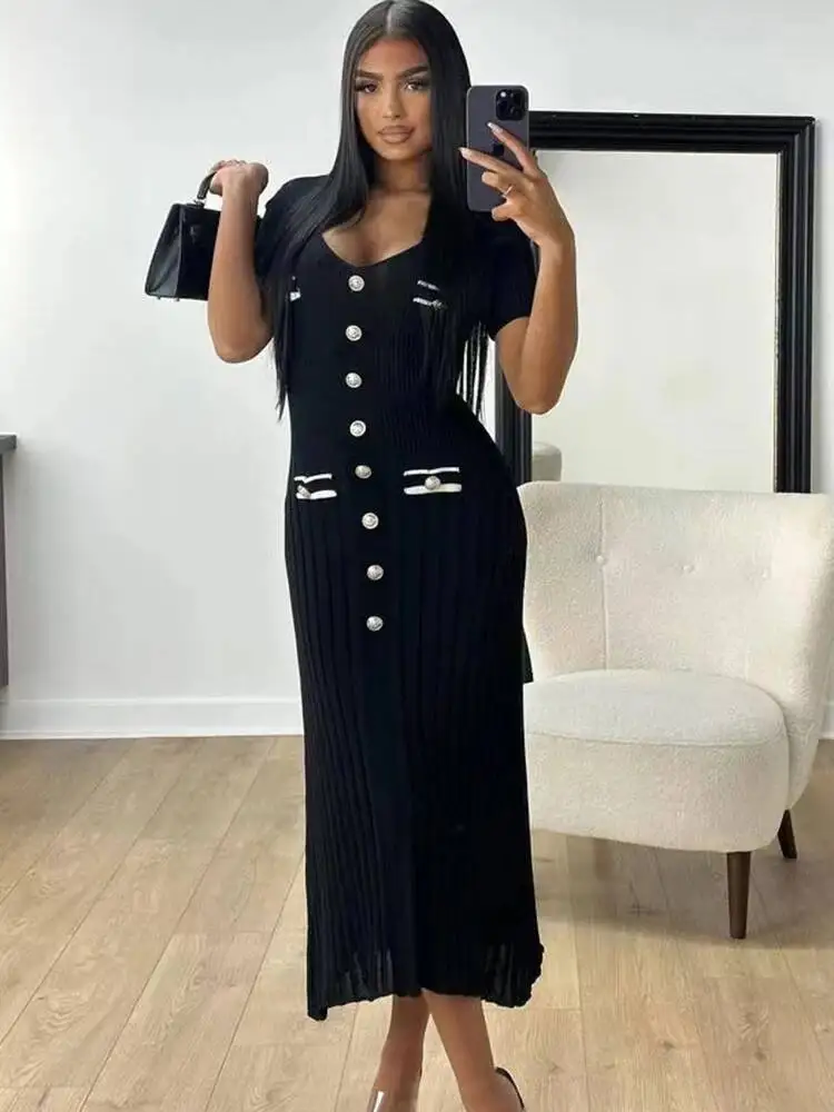 Office Lady Elegant Knitted Long Dress Short Sleelve V Neck Single Breasted Bodycon Dresses Women Party Fashion Vestidos 0WGX