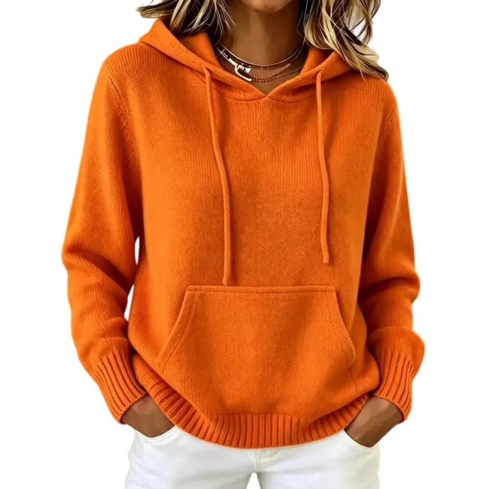 Soft Ribbed Hem Knitwear Long Sleeve Tops Women Knit Hoodie Pullover Sweater Long Sleeve Hooded Top with Front Pocket Fall