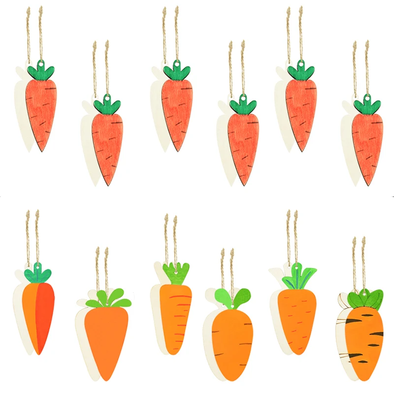 12pcs Easter Carrots Wood Slices DIY Unfinished Wood Crafts Easter Hanging Ornaments For Happy Easter Party Gifts Kids Graffiti