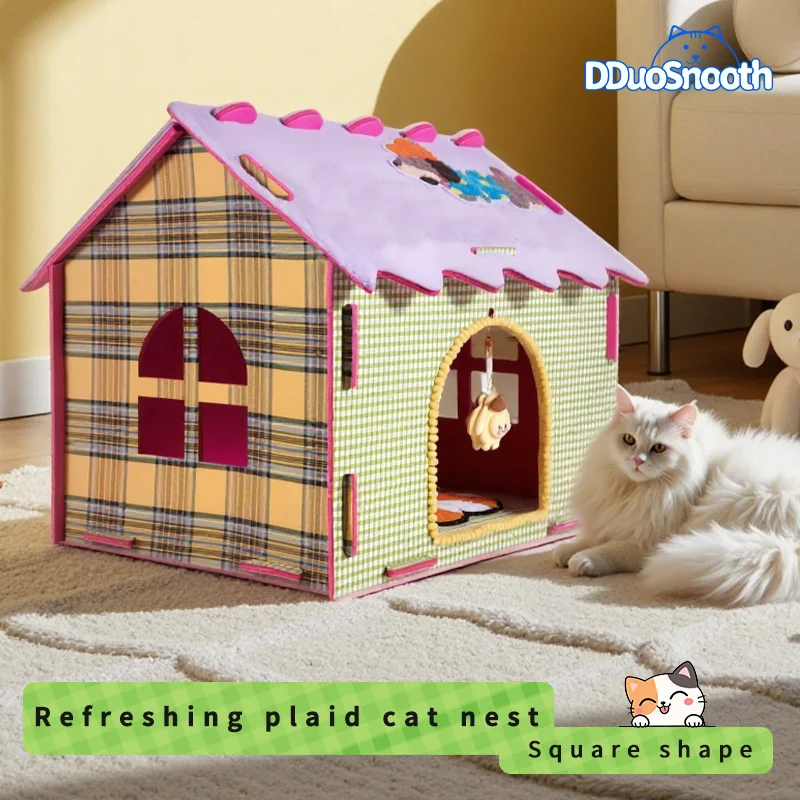 

Plaid Assembled Cat Bed, Washable Easy Clean, Preventing Collapse Small Cat Safety Villa For Medium-Sized Cats