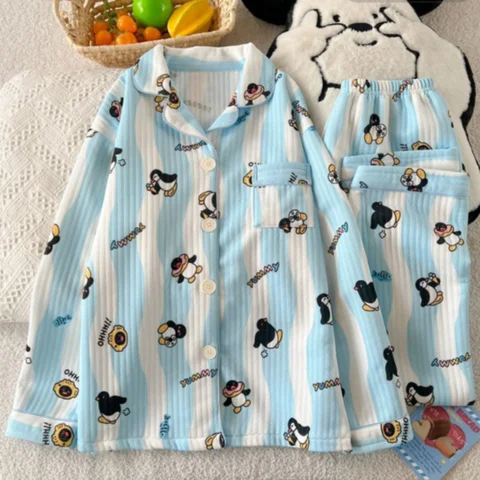 Kawaii Pingu Pajamas Set Women's Soft Breathable Pajamas Penguins Blue White Striped Homewear Spring Fall Casual Sleepwear Gifts