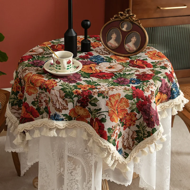 Retro Heavy Industry Fringed Tablecloth High-end Round Table Tablecloth Light Luxury TV Cabinet Chest Cover Dustproof Decoration
