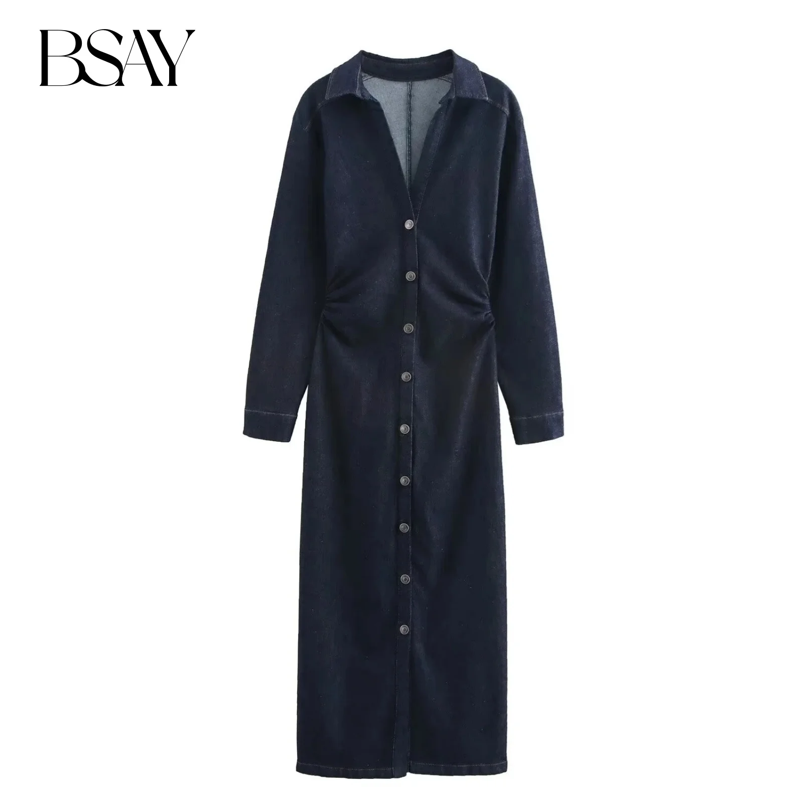 BSAY Damesmode Nieuwe Denim Lange Mouwen Single Breasted Revers Vintage Shirt Stijl Jurk Frankrijk Chique Vrouwelijke Avond Mujer