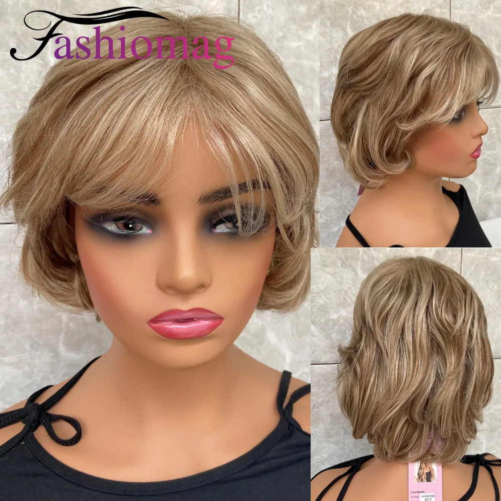 Fashiomag Short Layered Brown Blonde Mix Human Hair Blend Heat Ok Synthetic Wigs Women Soft Natural Daily