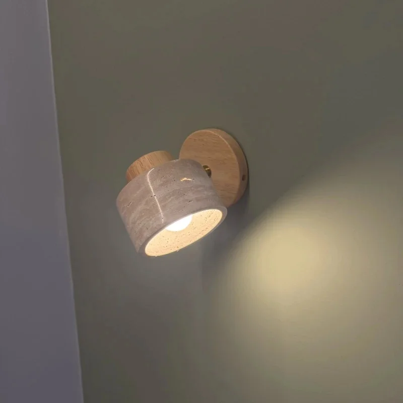 Wood Base Terrazzo Wall Sconce, Modern LED Wall Lamp, Minimalist Stone Shade Wall Light for Bedroom Hallway Home Decor