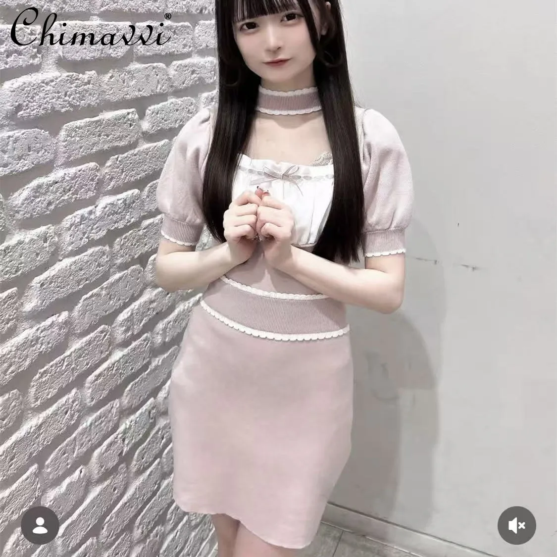 

Japanese Style Sweet Ruffle Patchwork Maid Collar Knitted Dress 2026 Spring Summer Cute Girl Short Sleeve Slim Fit Elegant Dress