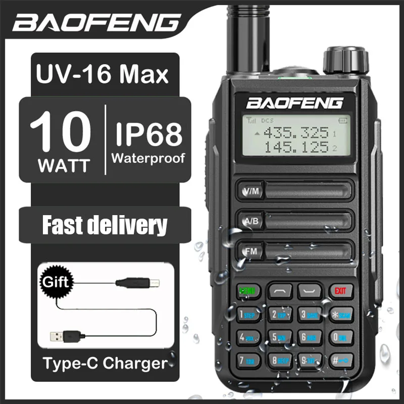 

BaoFeng New UV-16 Max 10W High Power Waterproof Walkie Talkie Support Type-C Charger 50KM Long Range Distance Upgrade UV5R PRO