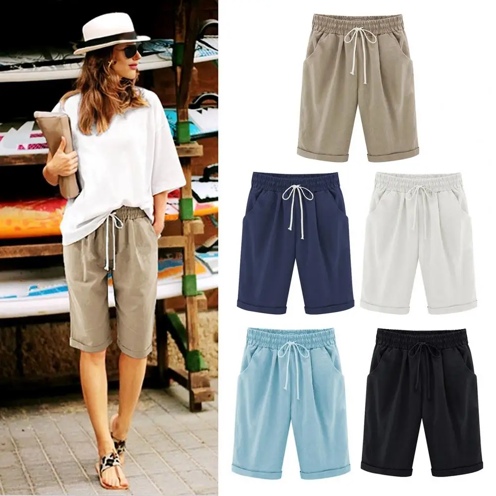 Butt-lifting Shorts Stylish Summer Women's Knee-length Shorts with Drawstring Waist Side Pockets Wide Leg Loose Fit for Ladies