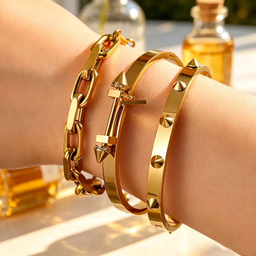 Neutral Style Punk Fashion Titanium Steel Rivets Bracelet Set - Waterproof Daily Wear Jewelry For Women And Men