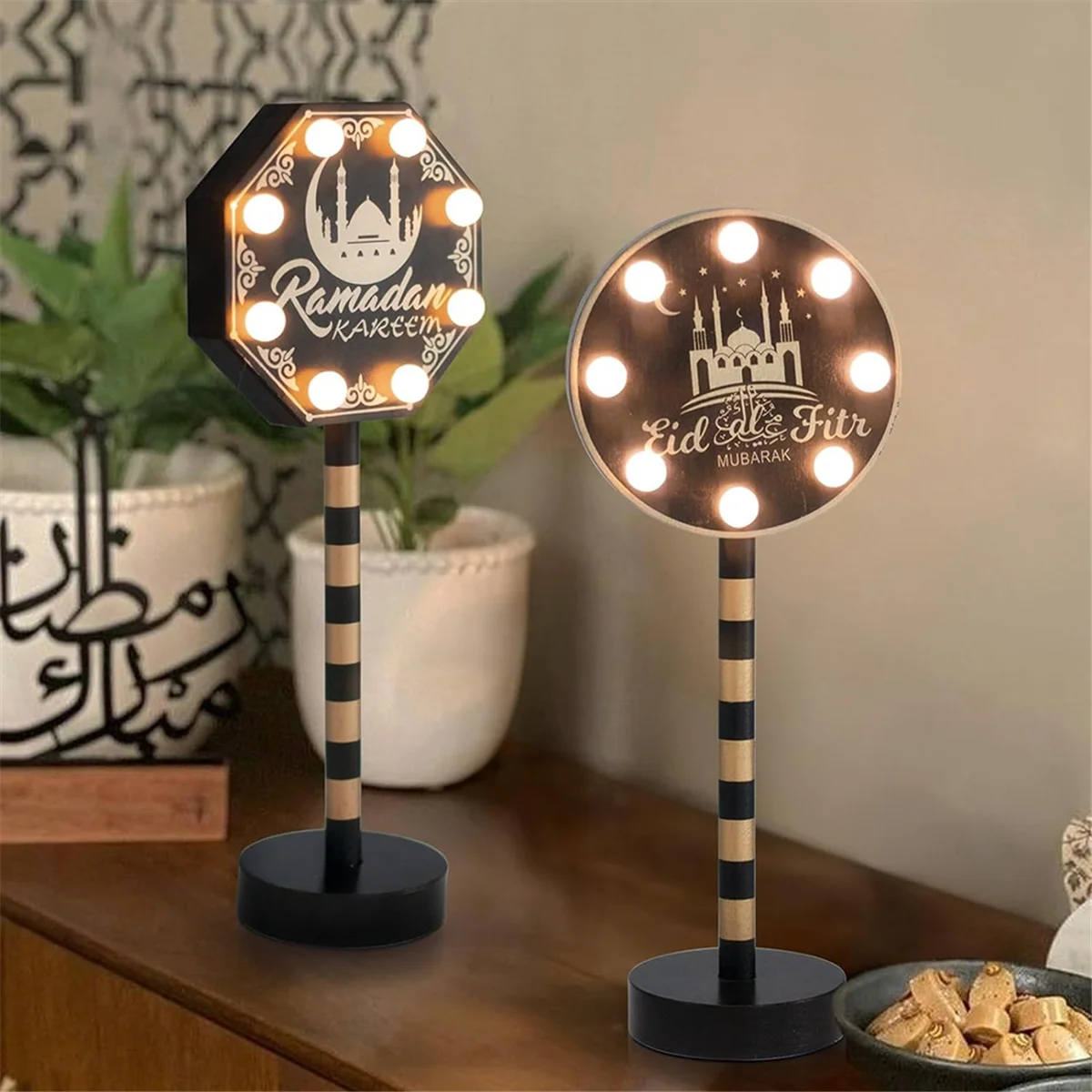 2 Pack Ramadan Decorations for Home, Wooden Ramadan Mubarak Table Centerpiece Lights, Eid Mubarak Crafts Night Light