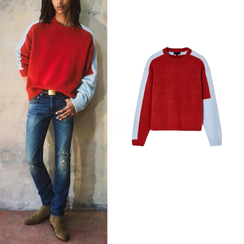 

New Autumn Men's Knitted Long Sve round Ne Pullover Color Blo Design Breathable Casual Sle Polyester Fiber