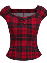 Summer Women Y2K Vintage 50s Pinup Peasant Shirts Gingham Inspired Couture Checkered Red 2023 New Tops Retro Rockabilly Blouses