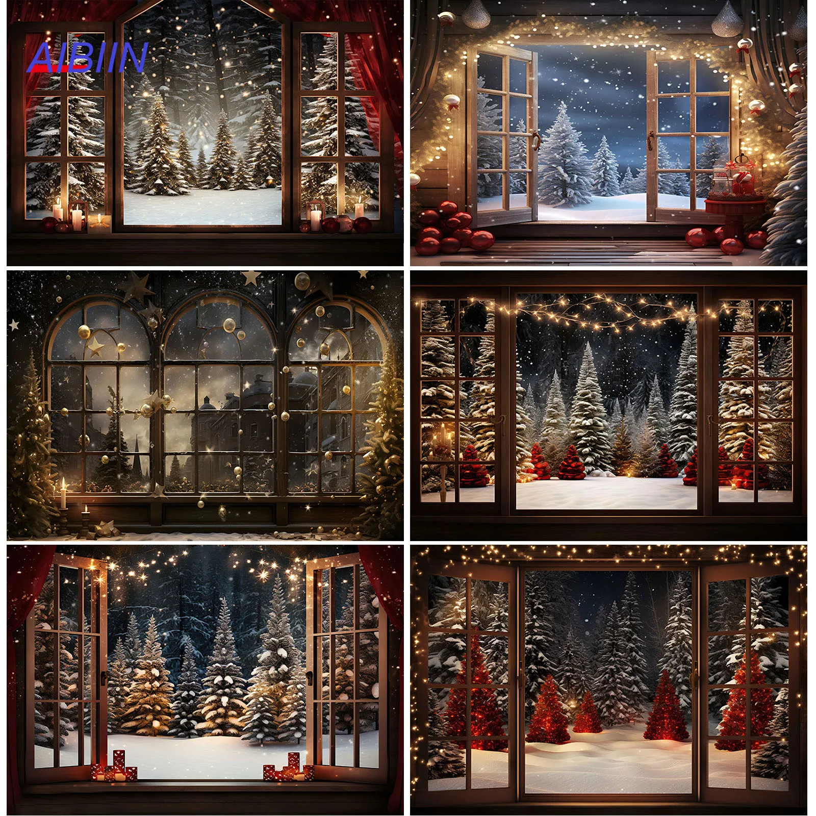 

Winter Christmas Window Photography Background Forest Night Xmas Tree Snow Kids Family Portrait Photozone Party Decor Backdrop