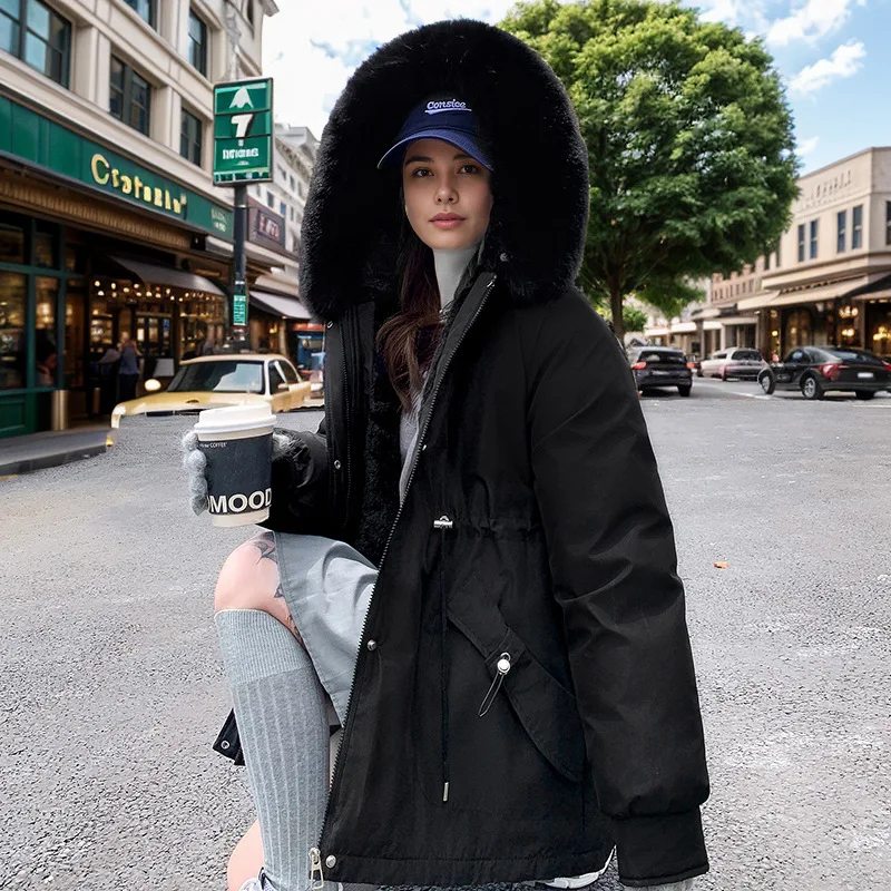 2024 Fashion Women Winter Jacket Fake Fur Collar Oversized Long Coat Hooded Warm Lining Female Puffer Down Cotton Jacket Parkas