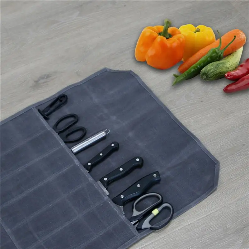 7 Slots Waxed Canvas Chef Knife Roll Bag Portable Waterproof Knife Carrier Storage Pouch With Tie Rope For Travel ﻿