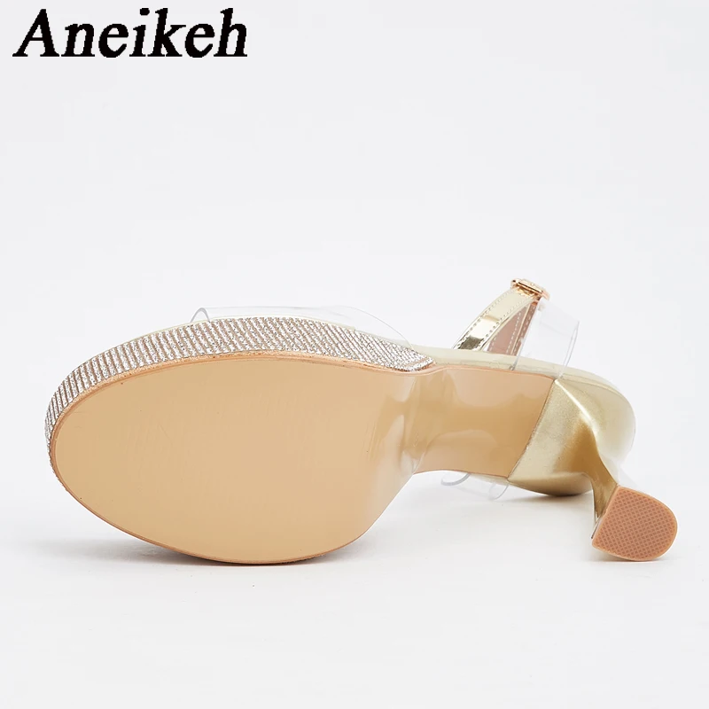 Aneikeh Summer PVC Sandals Women Platform Thin Heels Round Toe Bling Ankle Strap Slippers Women Sandals Shoes For Sexy Gold 2024