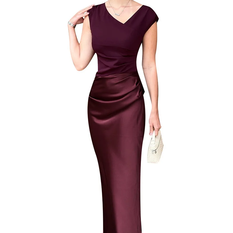 ชุดเดรสยาวผ้าซาตินเย็บต่อกัน ดีไซน์หรูหรา สำหรับสาวๆ สไตล์เซ็กซี่  รุ่น YJ25382DGO ขายดี