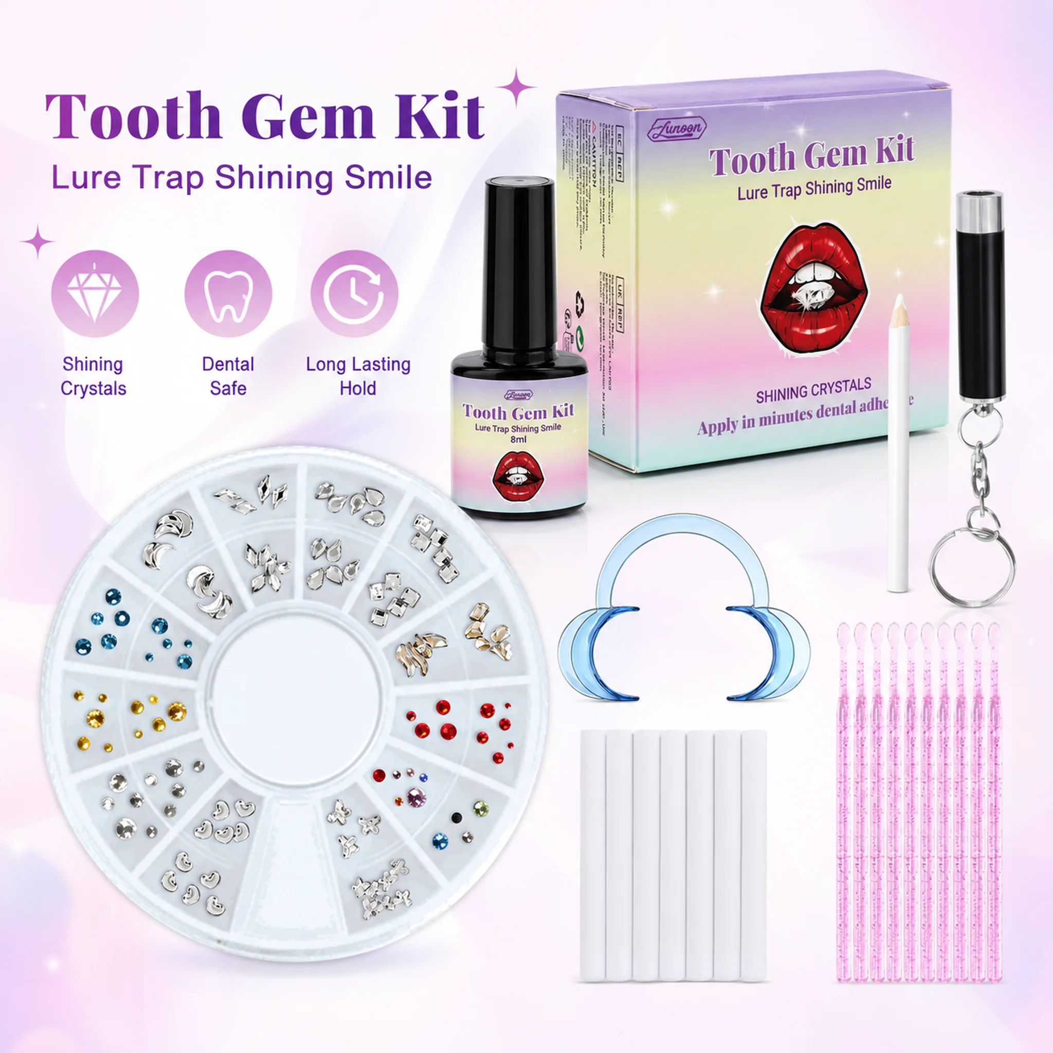 Professional Gem Teeth Decoration Set - With Curing Light & Adhesive, Easy-to-Remove Crystals for Unisex DIY Smile Sparkle.