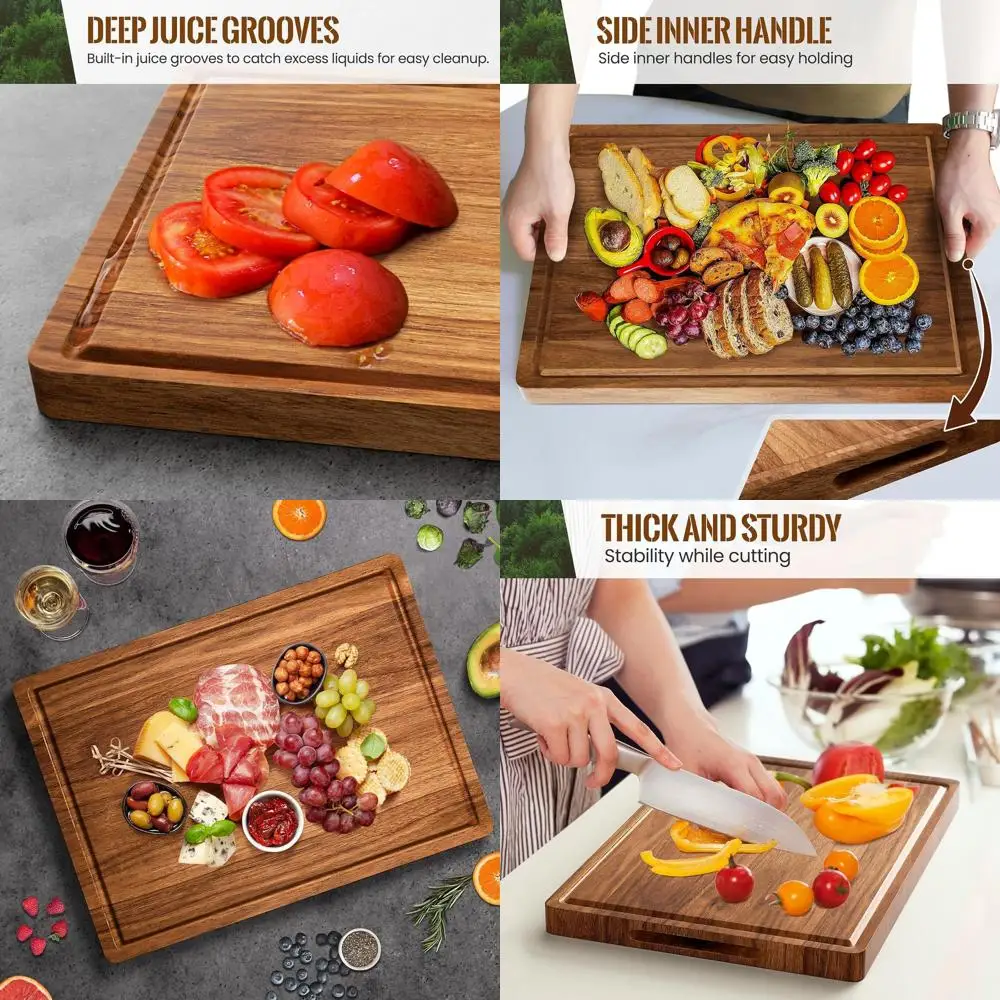 

Large Acacia Wood Chopping Board, 24x18x1.2 Reversible Kitchen Board with Juice Grooves and Handle for Meat, Cheese, Veg, Fruits