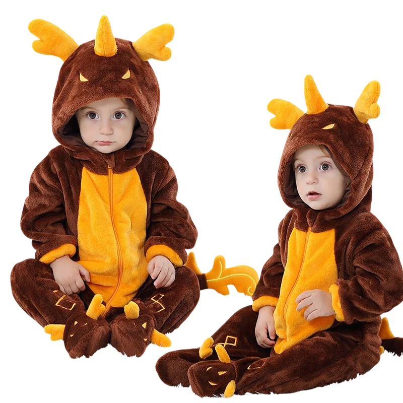 Cartoon Brown Dragon Costumes Newborn Baby Clothes Rompers Zipper Toddler Bodysuit Boy Girls Pajamas Kawaii Party Infant Onesies