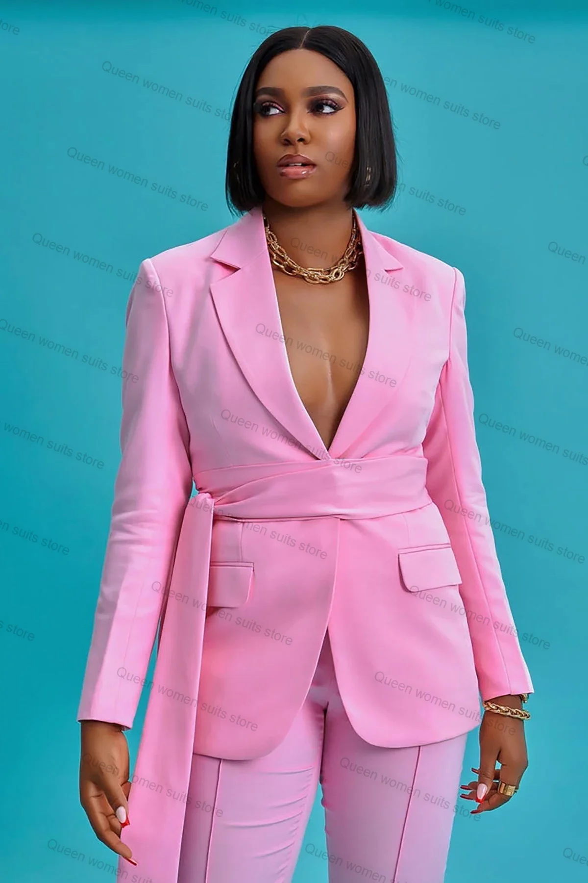 Spring Pink Women Suit Pants Set 2 Piece Blazer With Belt+Trousers Wedding Tuxedo Formal Office Lady Jacket Tailored Made Coat