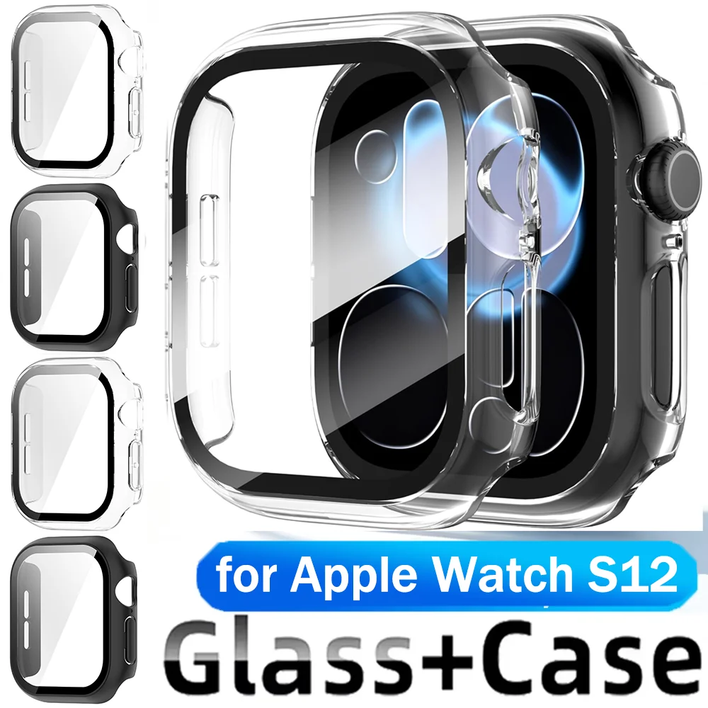 PC Case+Tempered Glass Screen Protector Case for Apple Watch Series 12 S12 42mm 46mm Protective Film Cover Bumper Watch Shell