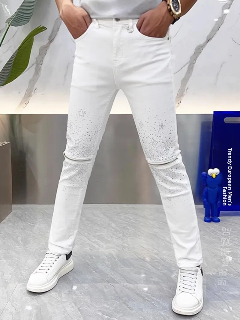 

Heavy Duty White Denim Jeans Men's Slim Fit Knee Zipper Fashion Small Footed Pants Autumn Season Fashionable Youth Jeans