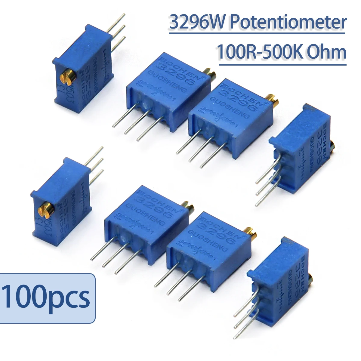 100Pcs 3296W Multiturn Trimmer Potentiometer Kit, 100R 200R 500R 1K 2K 5K 10K 20K 100K 500K Ohm Variable Resistor Assortment Box