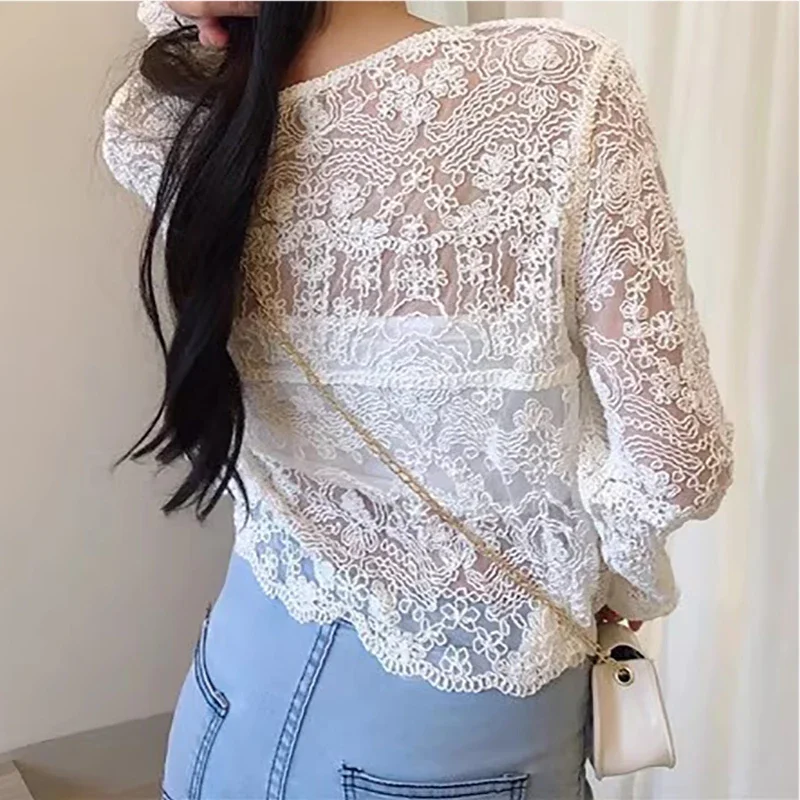 Women Summer Sexy Lace Hollow Transparent T-shirts Solid Buttons Up Cardigan Flare Sleeve TeeV-Neck Ruffles Sweet Shirt Spring