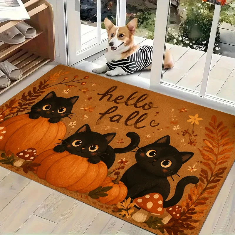 Hello Fall Black Cat Doormat, Pumpkin Mushroom Maple Leaf Print Entry Mat, Autumn Front Door Rug