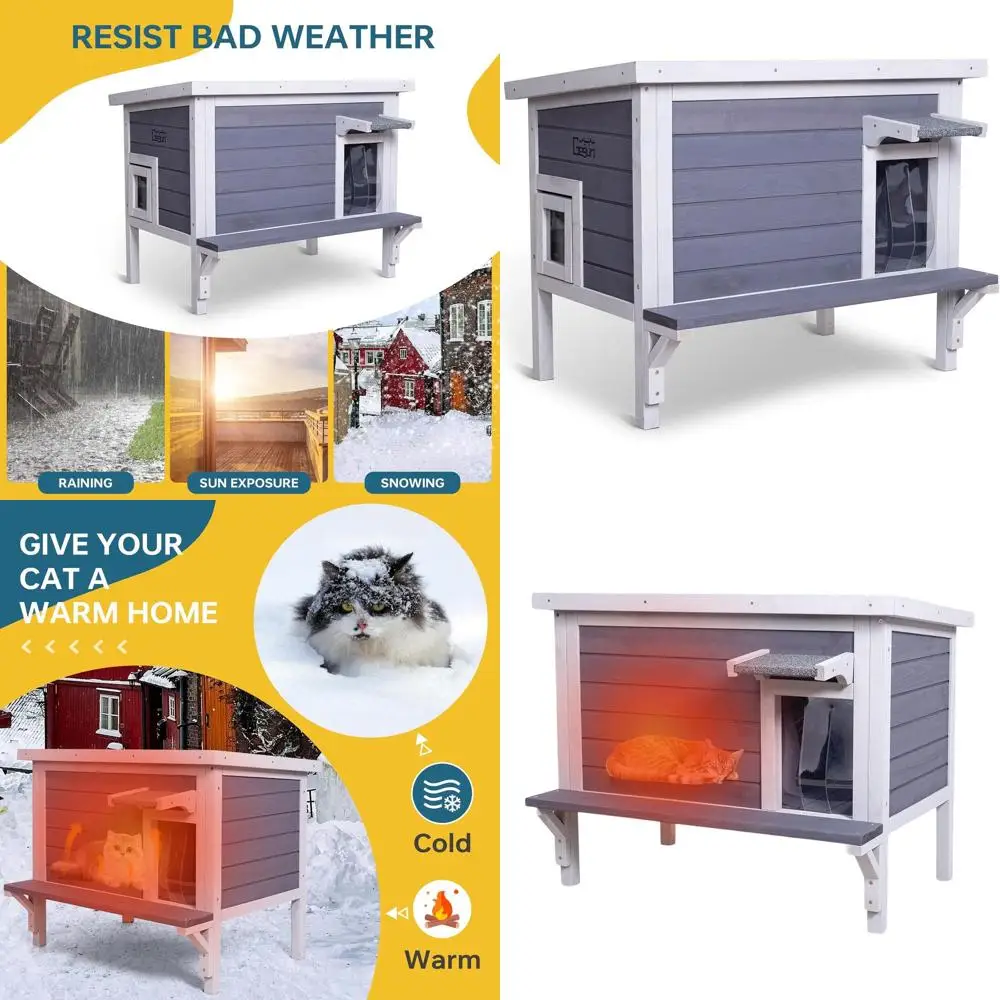 

Insulated Outdoor Cat House - Large Weatherproof Wooden Shelter for Cats, Heated Enclosure with Removable Roof & Elevated Floor