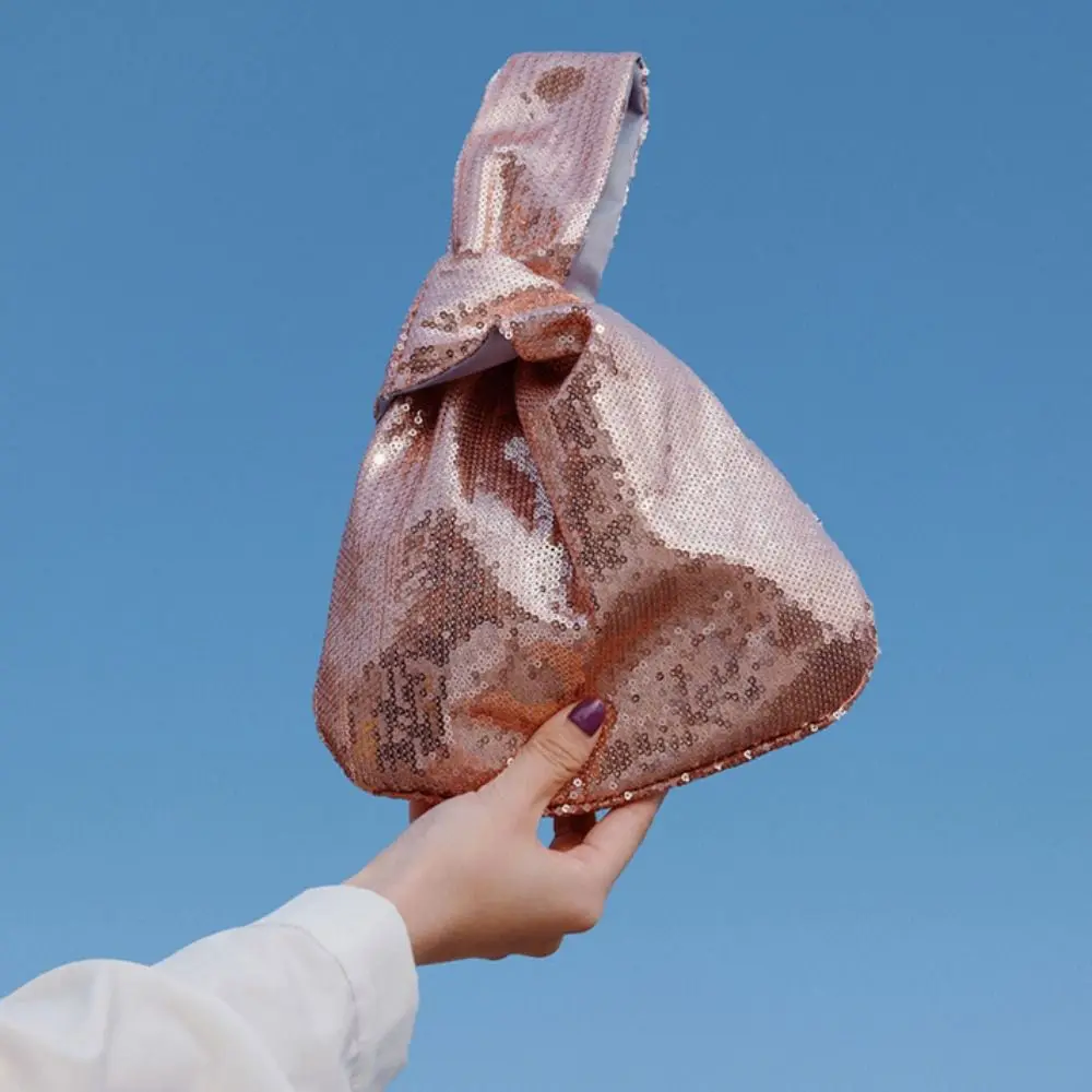 Bolso de muñeca con nudo de purpurina para niña, bolso de mano con lentejuelas de Color sólido, estilo coreano, bolso de mano de noche