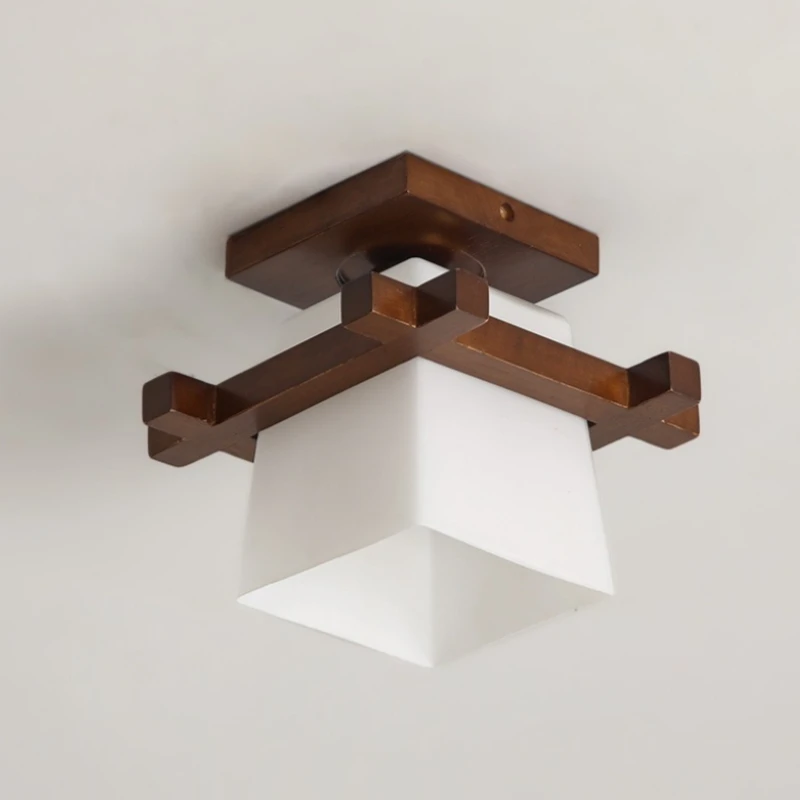 Japanese Minimalist Glass LED Ceiling Lights Wooden Square E27 Lamps for Living Room Bedroom Corridor Aisle Entrance Home Decor