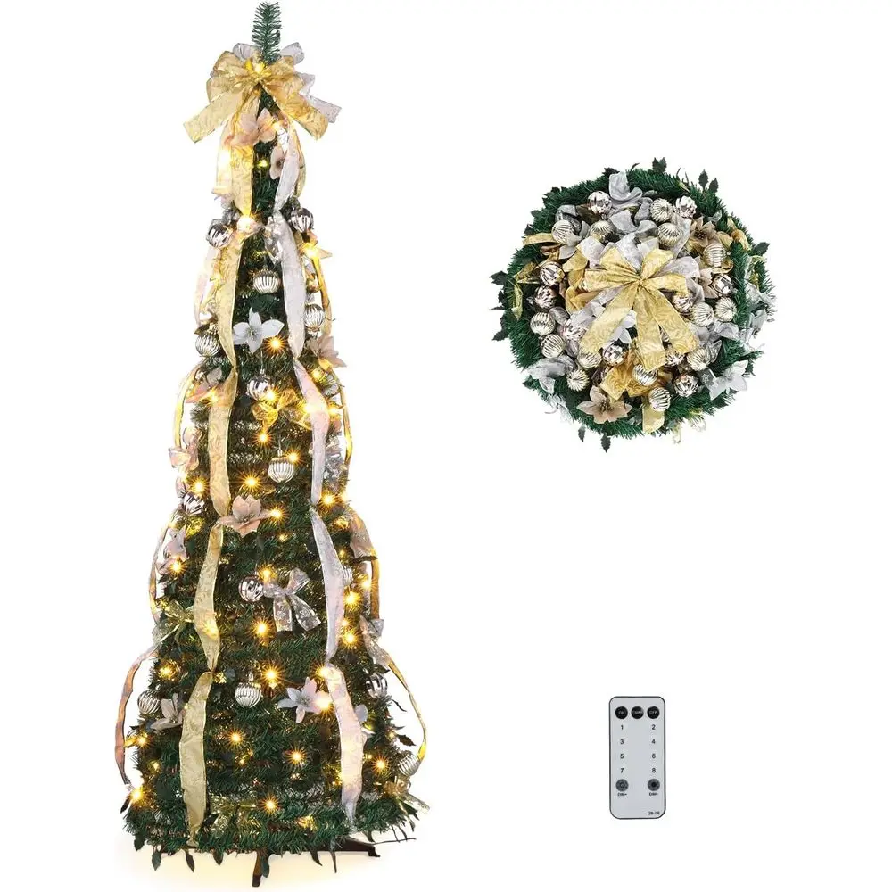 6t up Artiicial Chrisas Pine Tree with 150 Warm White Lights, Xmas Tree day Party Decorations with Sturdy Metal Stand (Gold&Silv