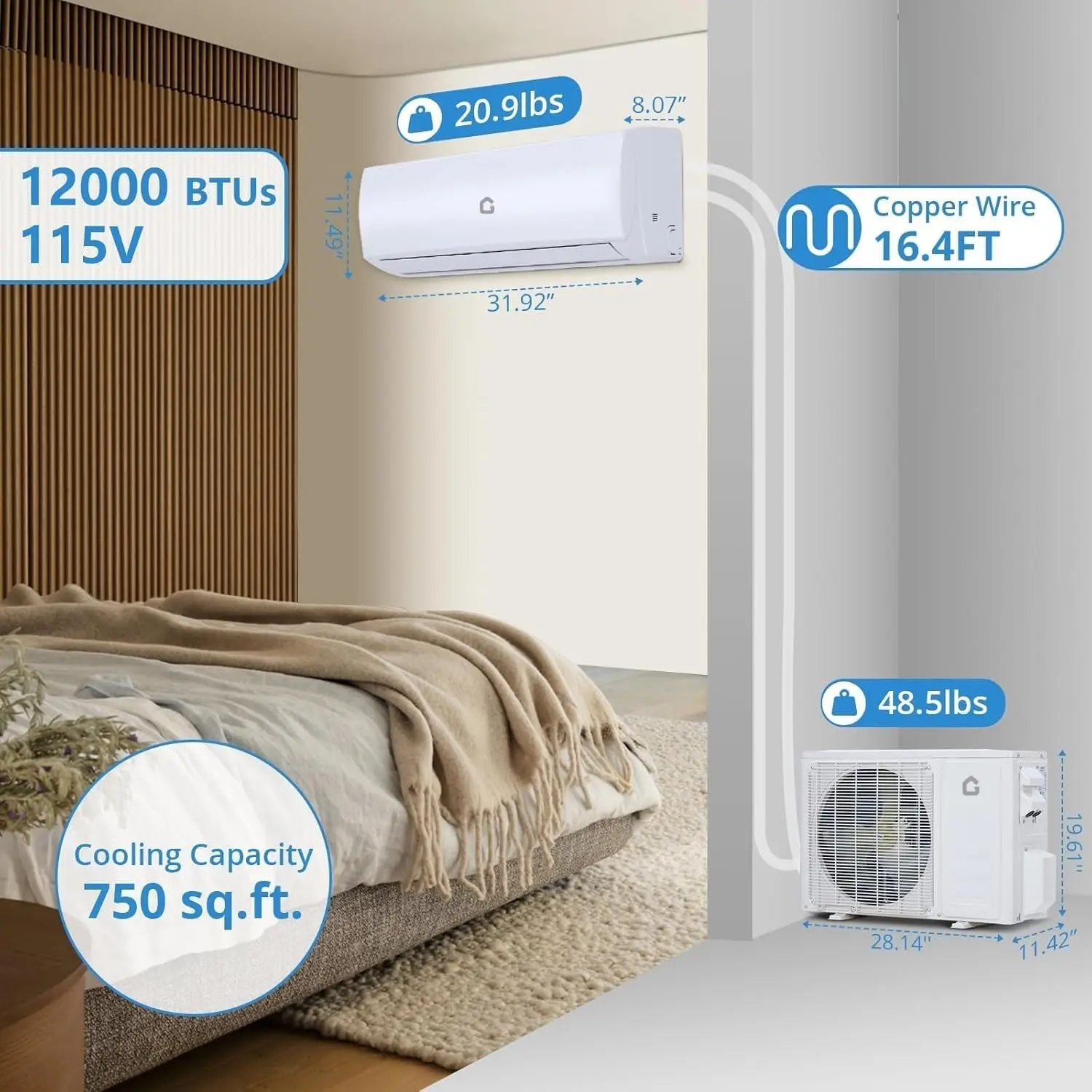 21 SEER2 Mini Split AC, 115V 12000 BTU Inverter Heat Pump for to 750 Sq Ft | Low Noise ,24 H Timer ,Remote, Custom
