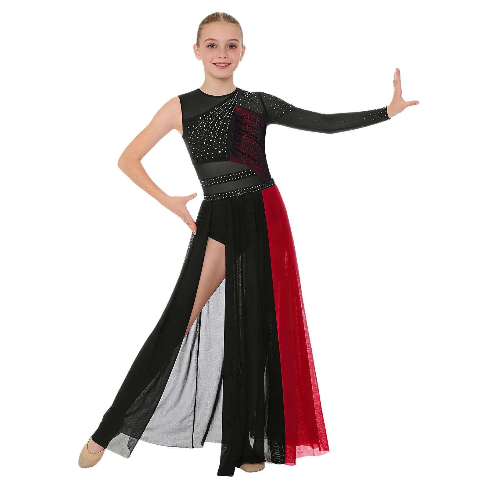 Kids Girls Glitter Rhinestone Color Block Patchwork Maxi Dress Side Split Mesh Hem for Lyrical Ballet Latin Stage Show Dancewear