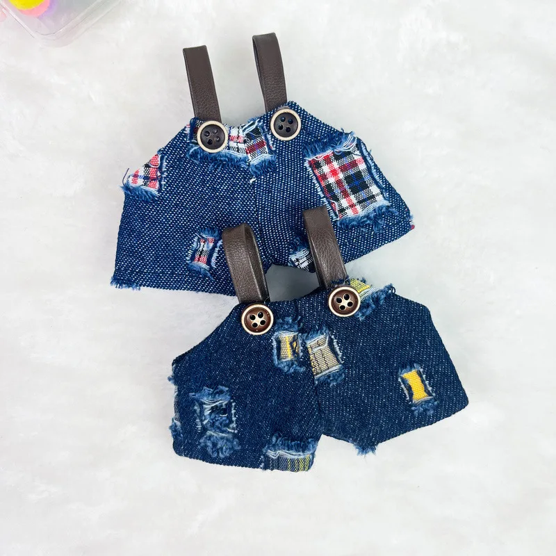 

Retro Patchwork Denim Overalls For Labubu Dolls Distressed Jeans Outfit For 15/17cm 1st 2nd 3rd Gen Dolls Dress Up