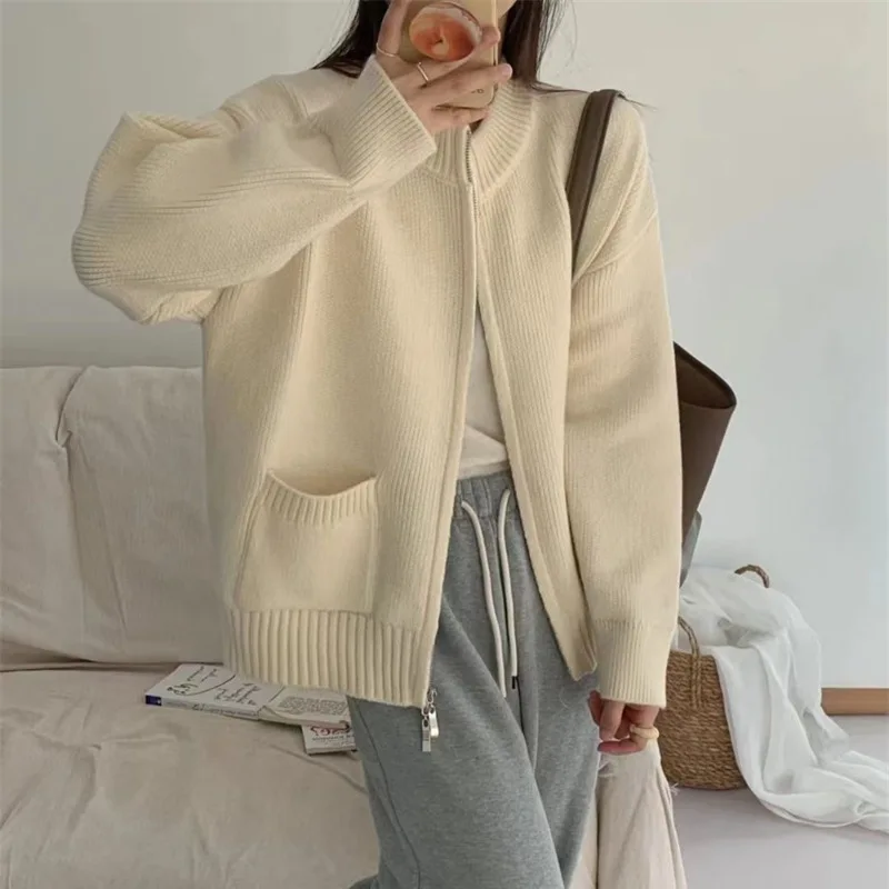 Women Double Zipper Windbreaker Jackets Loose Cardigan Tops Short Trench Coat Solid Knit Korean Casual Spring Autumn New 2024