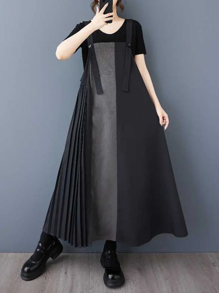 

Onecozyday Women's Black Grey Color Block Midi Dress Shoulder Straps Side Pleated Panel Loose A Line Sleeveless Overall Dress