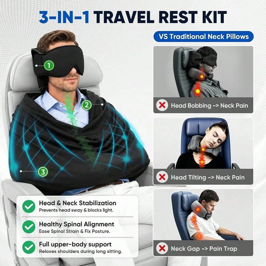 Travel Pillow With Eye Mask, 3-In-1 Airplane Sleep Support Travel Essentials For Comfort, Portable Sleep System With Neck Suppo
