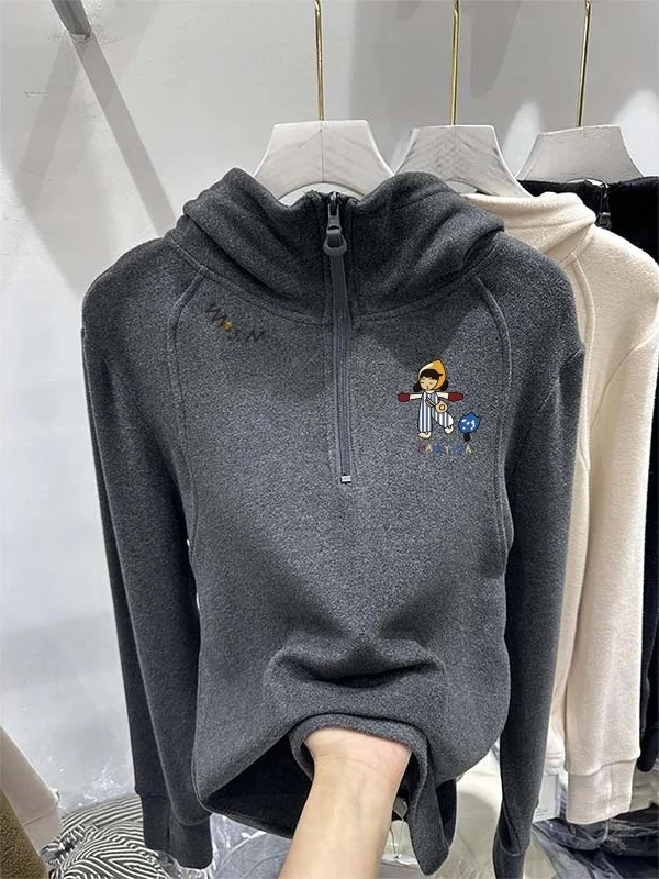 Deep ey Dubbelzijdige Fce Hoodie Dames Herfst Winter Casual Design Cartoon f Zip Base irt Top Loose Fit Polyester