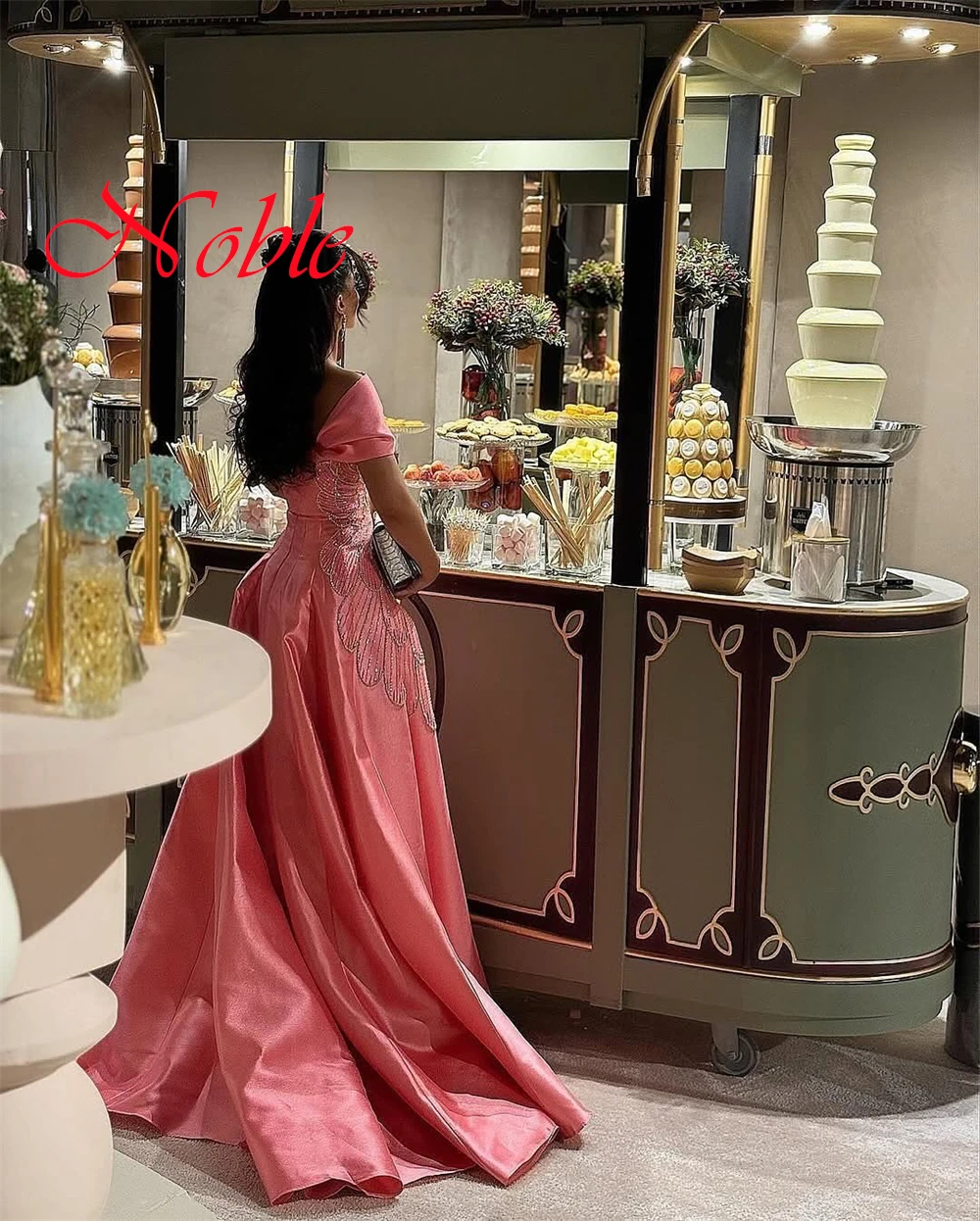 Customized Exquisite Pink Satin Evening Dress Temperament  Boat Neck Off the Shoulder Short Sleeves Zipper Back Celebrity Gowns