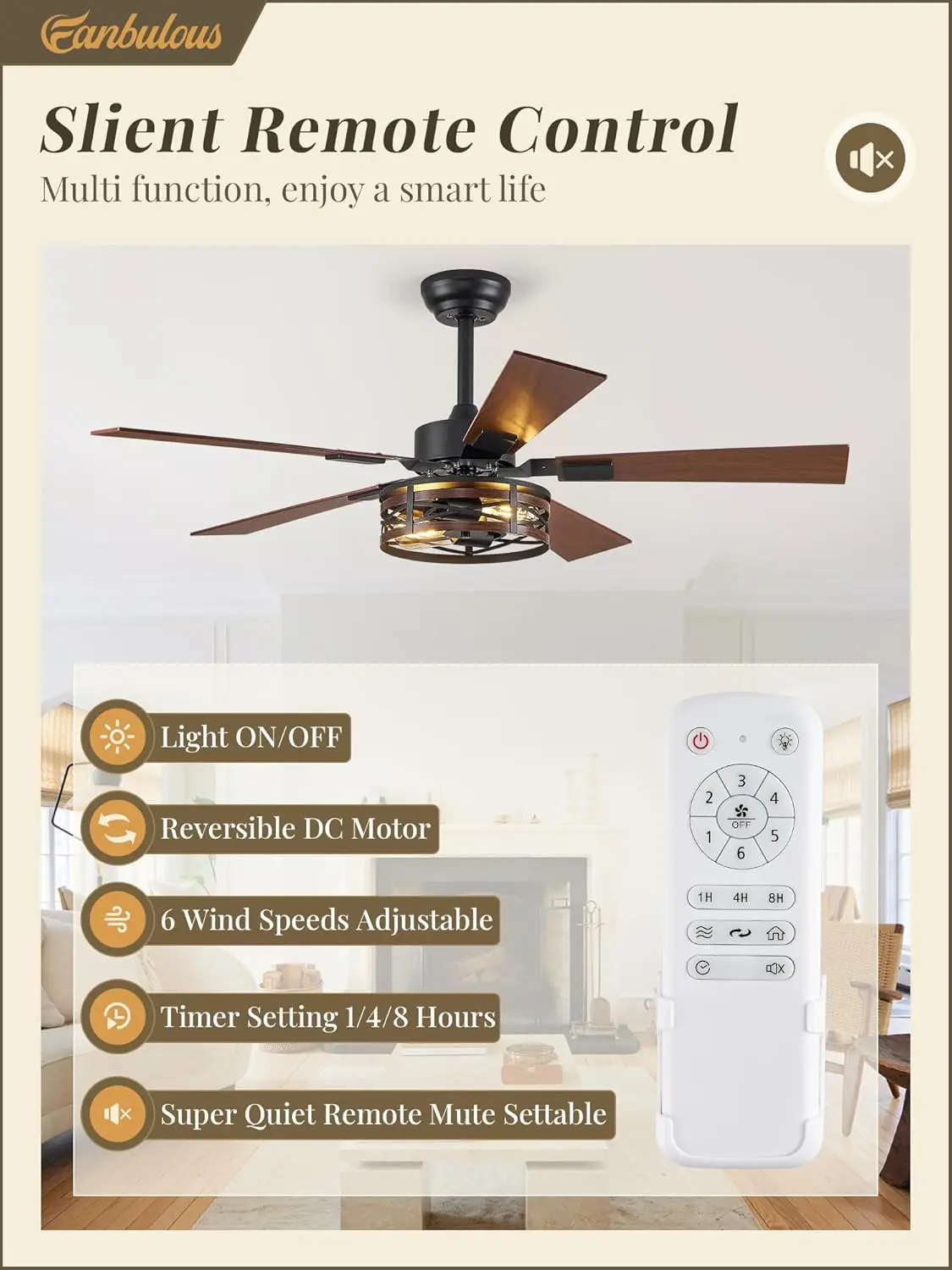 Farmhouse Ceiling Fans With Light, 48 Inch Bedroom Ceiling Fan With Lights, 6-Speed Adjustable, Quiet And Reversible Dc Motor,