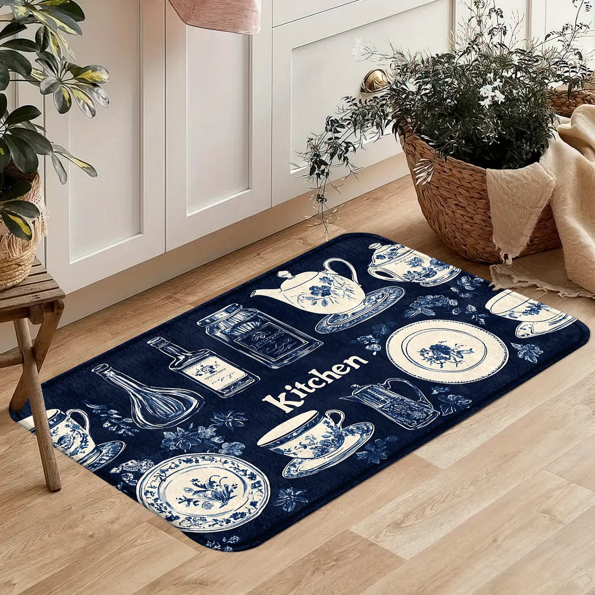 Classic Blue White Porcelain Teacup Kitchen Rug Non-Slip Washable Diatom Mud Carpet for Kitchen Hallway Entryway Living Room