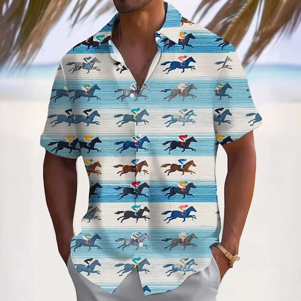 New Minimalist Men's Shirt Retro Horse Racing 3D Print Short-Sleeve T-Shirt Street-Style Hawaiian Button-Down Shirt