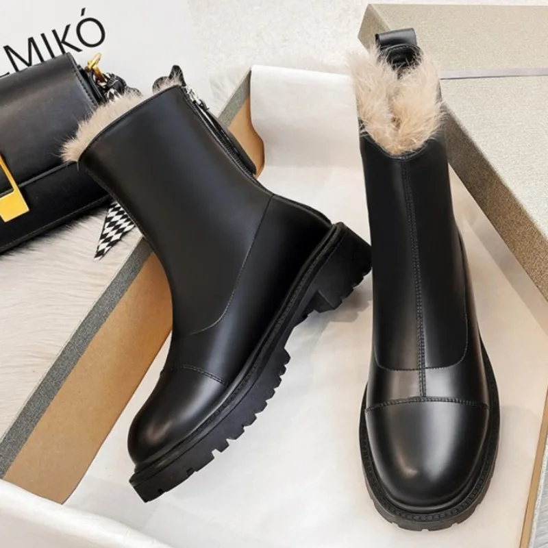 Combat Brown Snow Boots for Women Waterproof Leather Woman Shoes Punk Style Elegant with Medium Heels New in Cosplay Comfortable