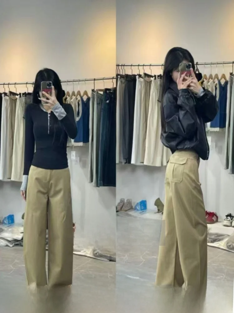 

Широкие брюки цвета хаки, женские драпированные брюки с высокой талией на подкладке, прямые брюки, корейская мода