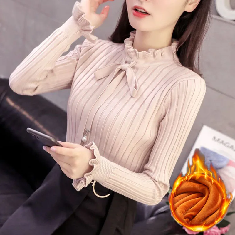 Butterfly knot new velvet knit sweater autumn and winter Korean version long sleeved slim fit pullover sweater