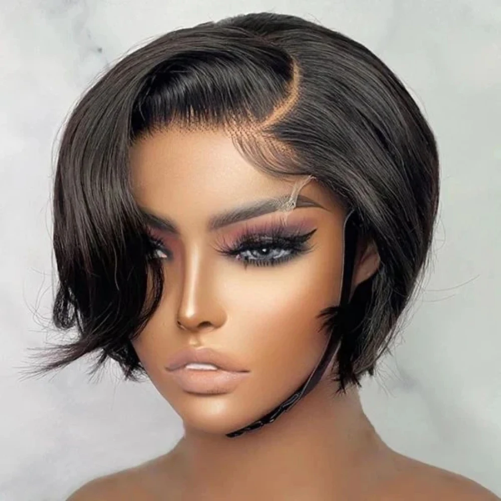 Peruca de Cabelo Remy Brasileira Curta Reta para Mulheres Negras, Perucas Pixie Cut, Peruca Máquina Barata, Cor Natural