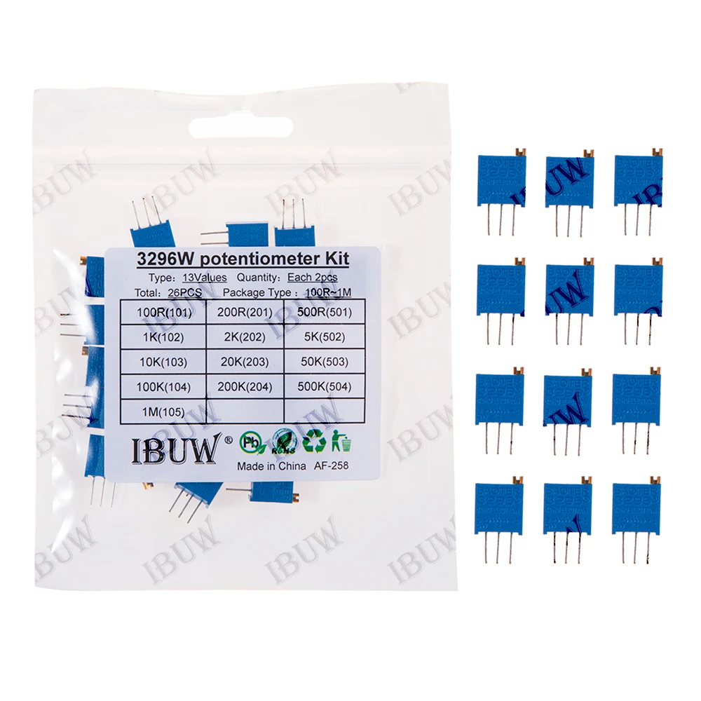 26PCS 3296W 13Values Potentiometer Kit (100R-1MΩ) for Precision Electronic Equipment Tuning & Circuit Prototyping 100R